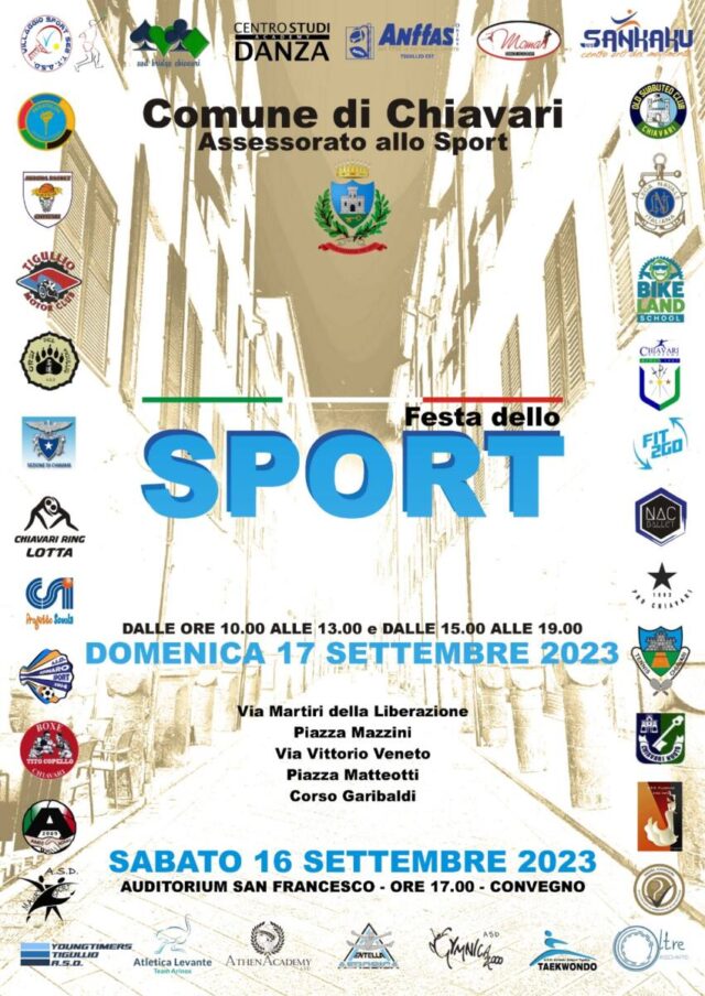 Festa dello Sport 2023 A Chiavari il 16 e 17 Settembre, due gli appuntamenti da segnare in agenda e da non perdere