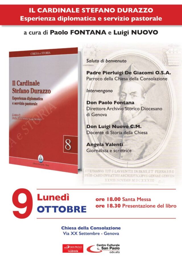 Il Cardinale Durazzo in un libro a cura di Paolo Fontana e Luigi Nuovo il 9 Ottobre, Chiesa della Consolazione via XX Settembre alle ore 18,30