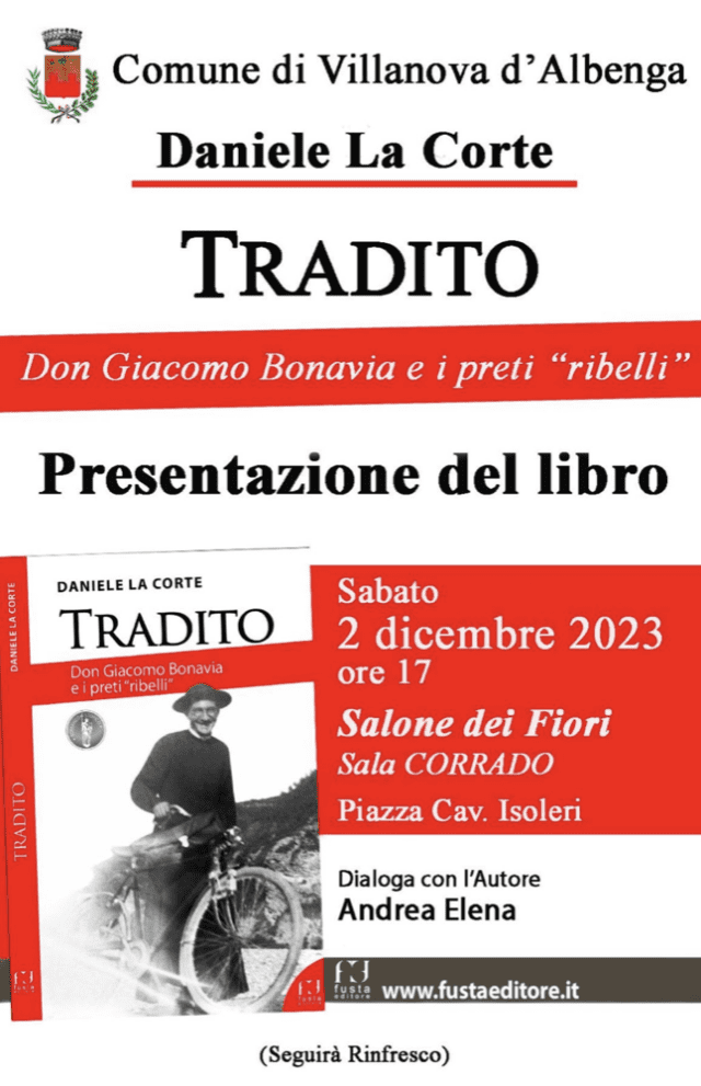 A Villanova d’Albenga (SV) Daniele La Corte presenta il libro “Tradito”