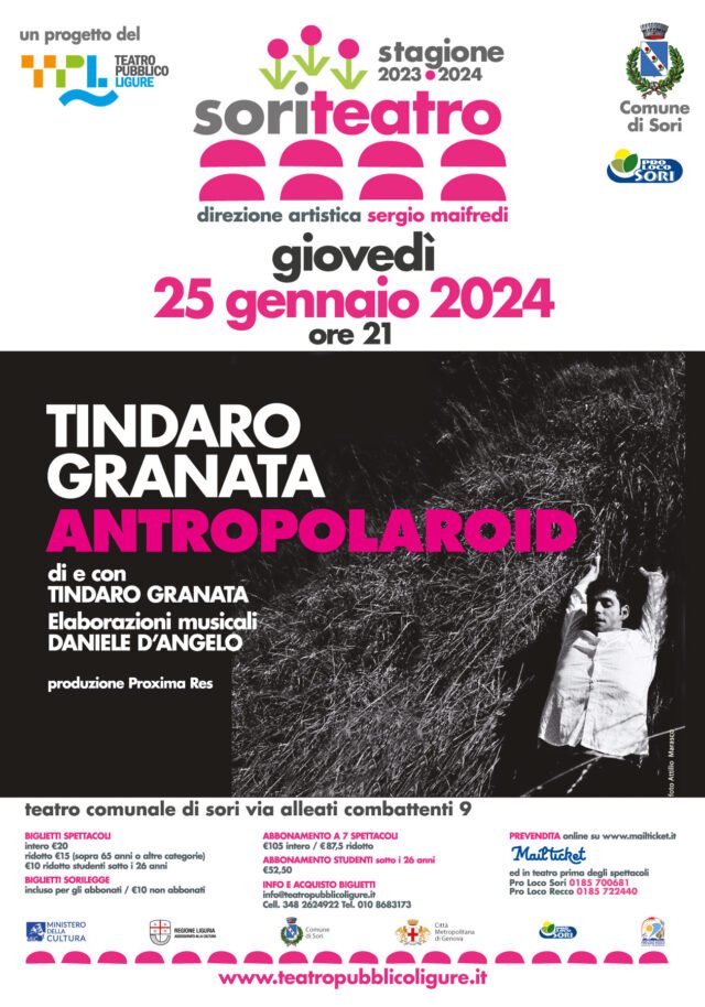 Il 25 gennaio a Sori Antropolaroid di Tindaro Granata al Teatro Pubblico Ligure