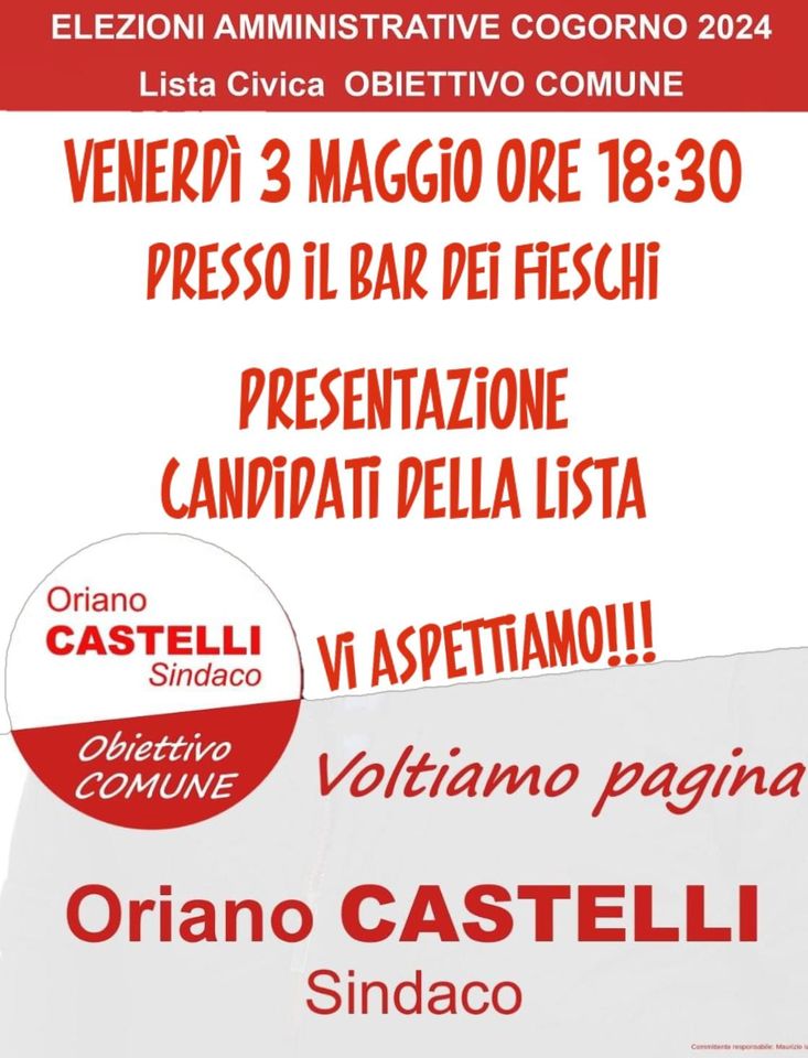 Domani, 3 maggio, a Cogorno presentazione lista civica Obiettivo Comune