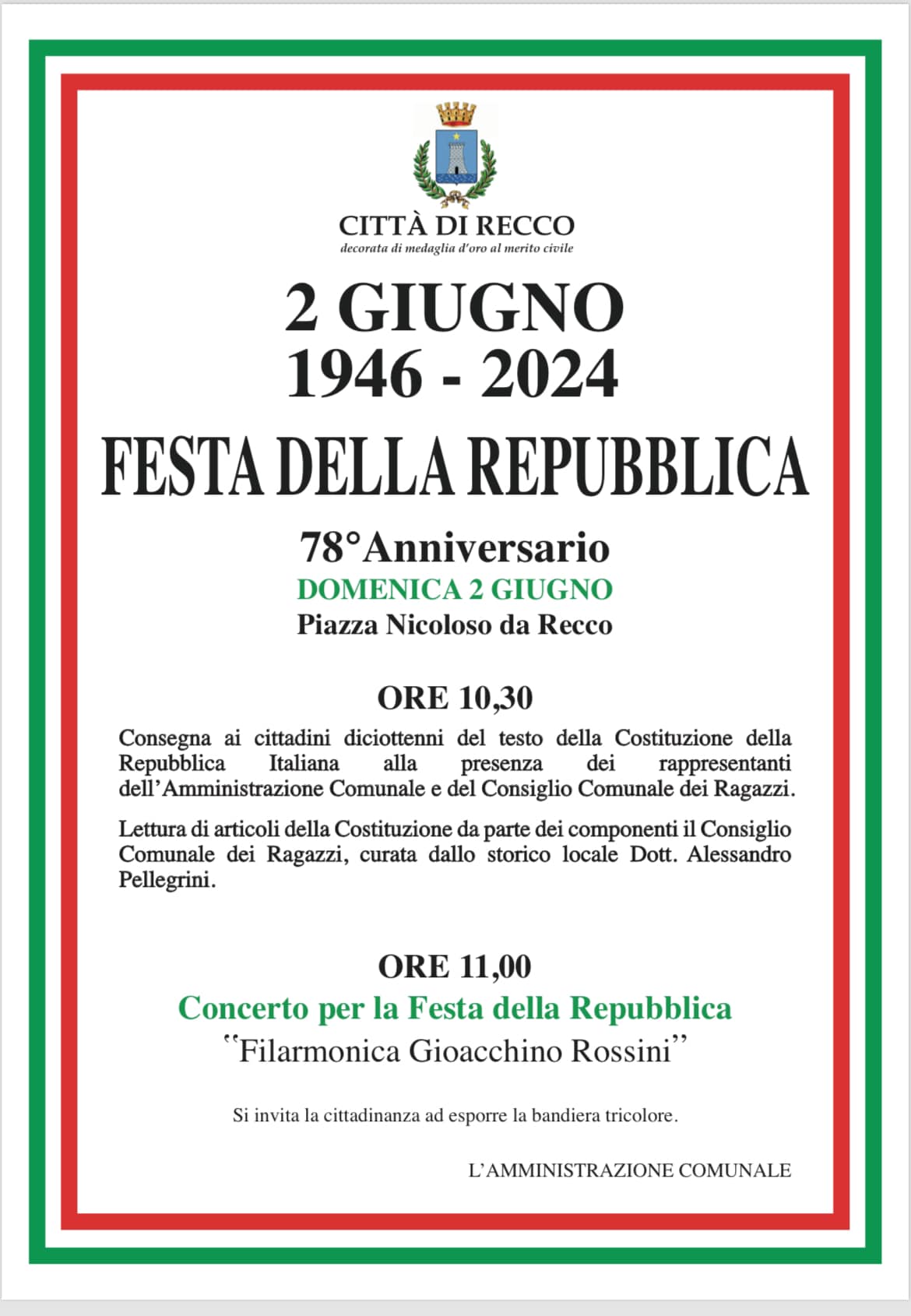 Recco, 2 Giugno. Il sindaco Gandolfo: Festa di tutti gli italiani