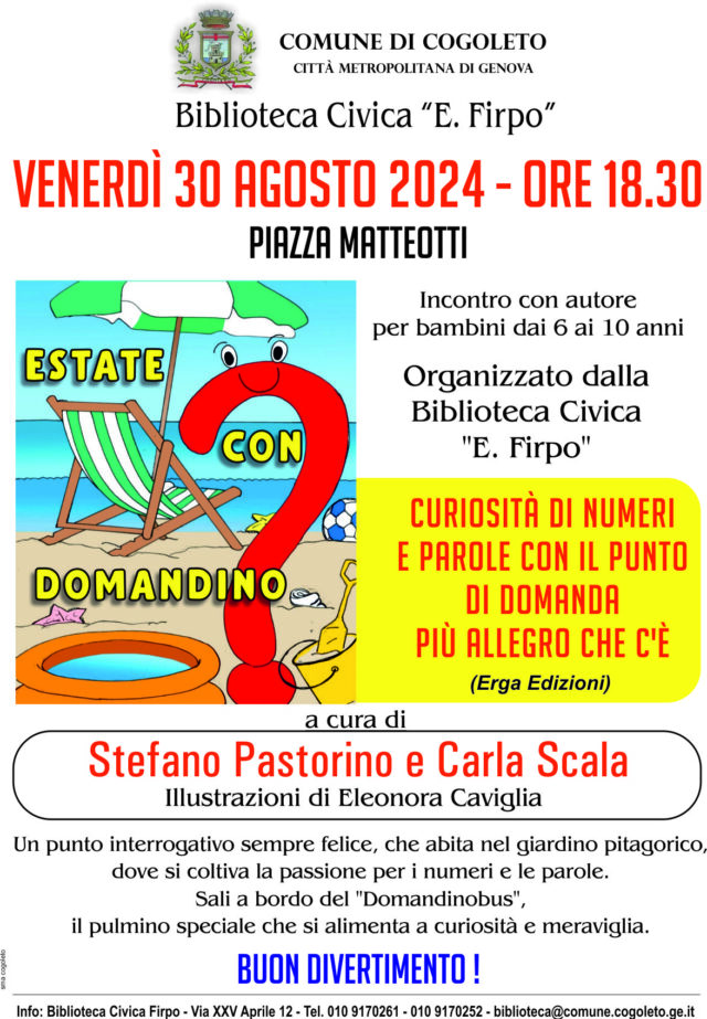 In Piazza Matteotti a Cogoleto incontro per bambini dai 6 ai 10 anni, venerdì 30 alle 18,30 evento organizzato dalla Biblioteca Civica Firpo