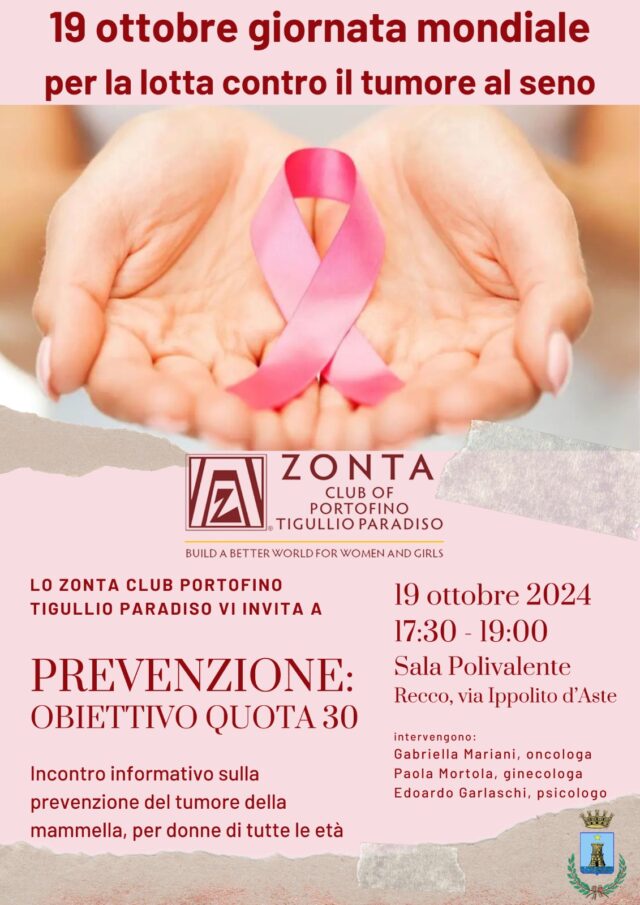 19 ottobre giornata mondiale per la lotta contro il tumore al seno Zonta Club Portofino Tigullio Paradiso sabato19 alle 1730