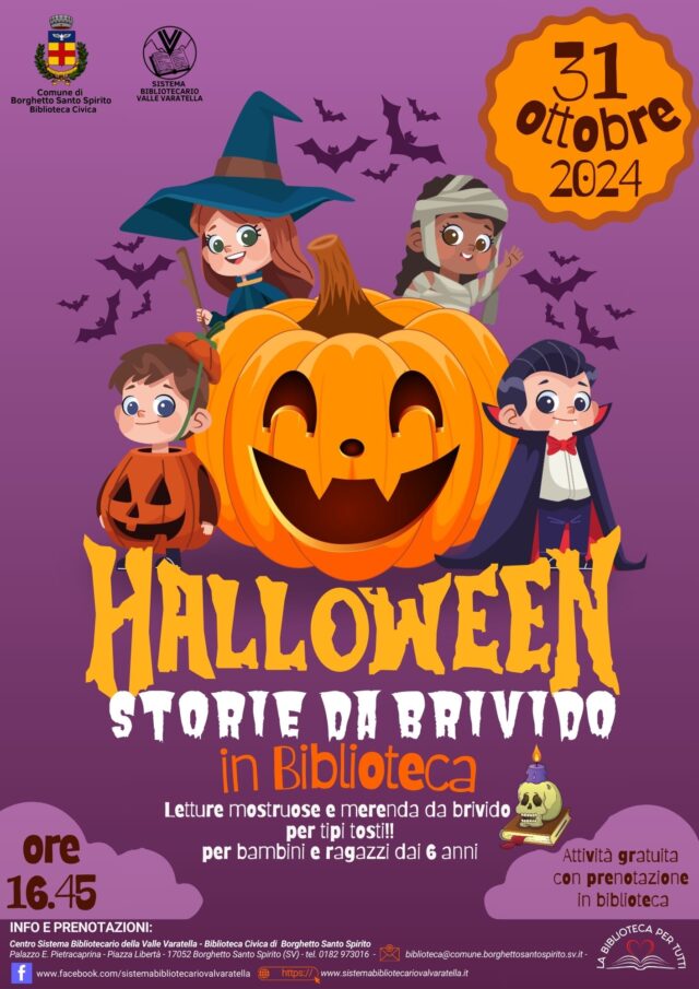 Halloween a Borghetto S.Spirito Storie da brivido in Biblioteca, appuntamento alla Biblioteca Civica Giovedì 31 ore 16.45 