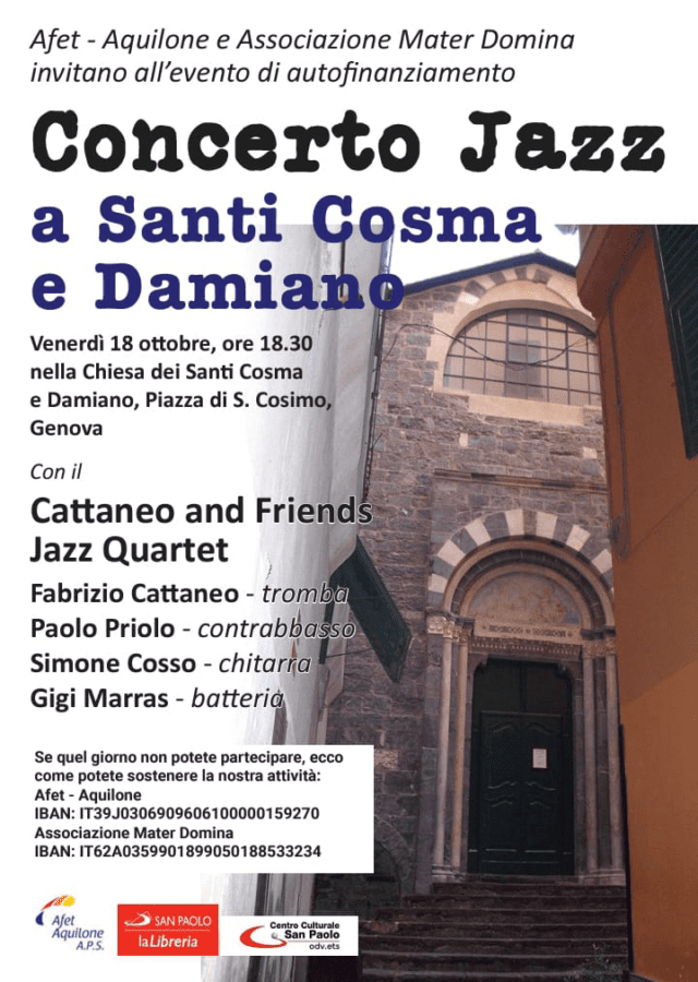 Jazz a Santi Cosma e Damiano per gli amici della Libreria S.Paolo venerdì 18 alle ore 18 nel Centro Storico di Genova