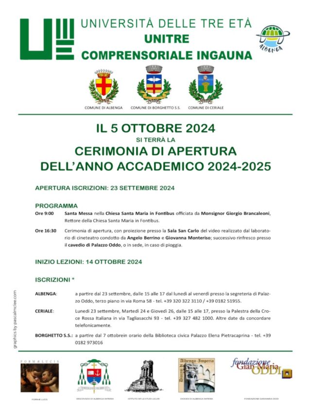 Domani ad Albenga l'inaugurazione del nuovo anno accademico Unitre