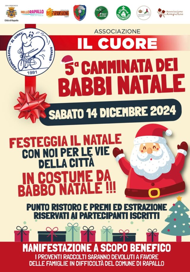 5ª Camminata dei Babbi Natale a Rapallo, l’Associazione “Il Cuore” di Rapallo invita tutti gli appassionati di Natale a partecipare